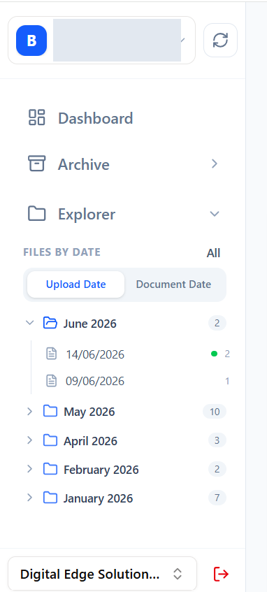 The sidebar anchors the user around branch, tenant, archive, and explorer context. screen