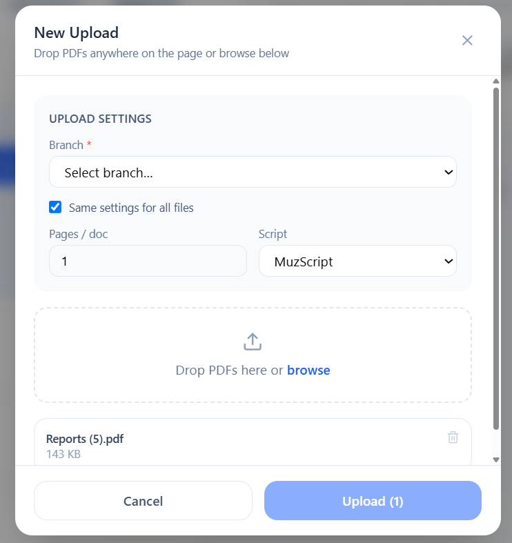 New Upload creates a processing batch with branch, split, and parser settings. screen