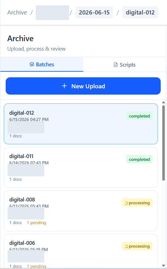 Batch cards show where each upload stands in the processing pipeline. screen