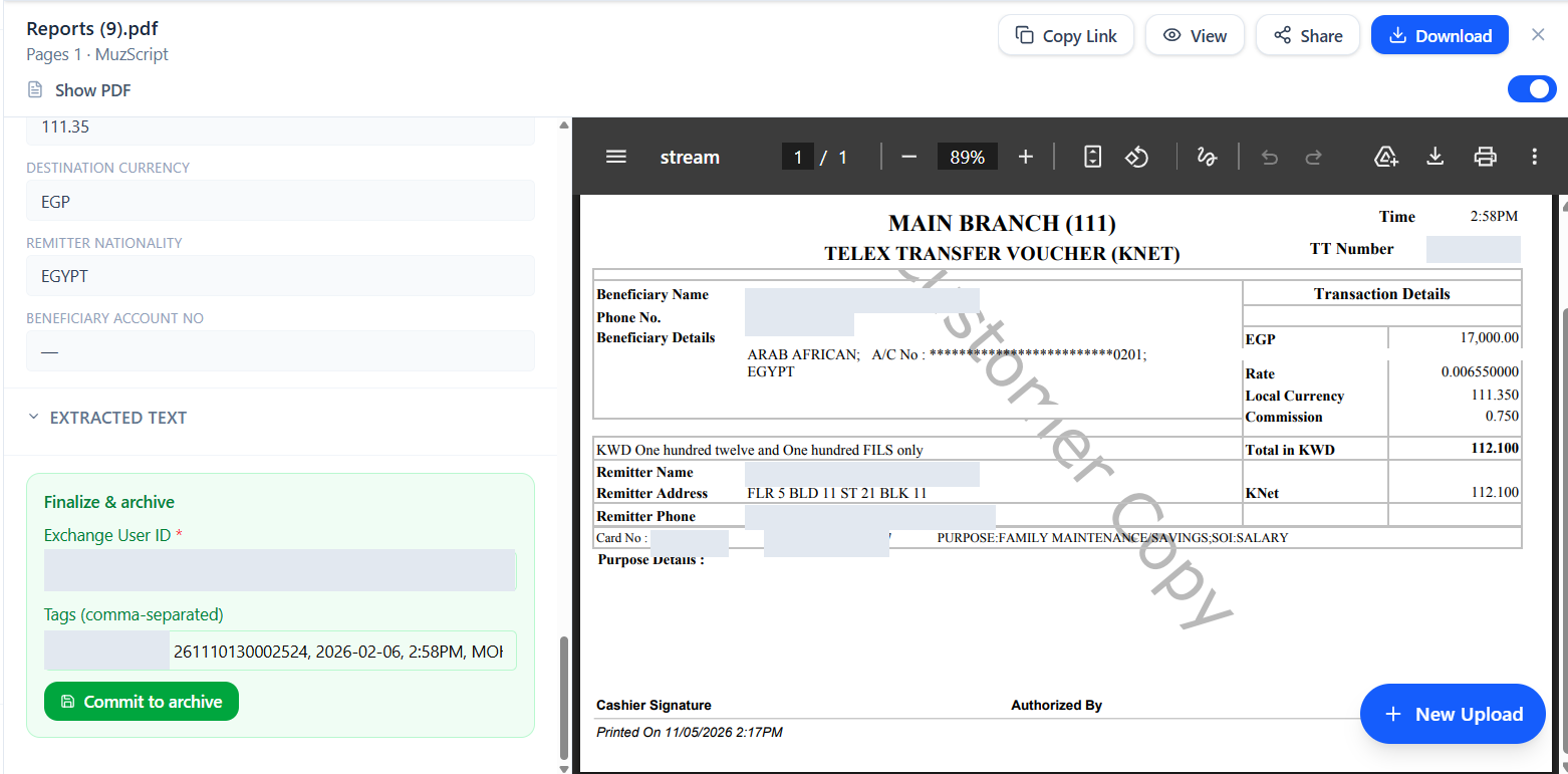 Commit to archive saves approved records with identifiers and searchable tags. screen