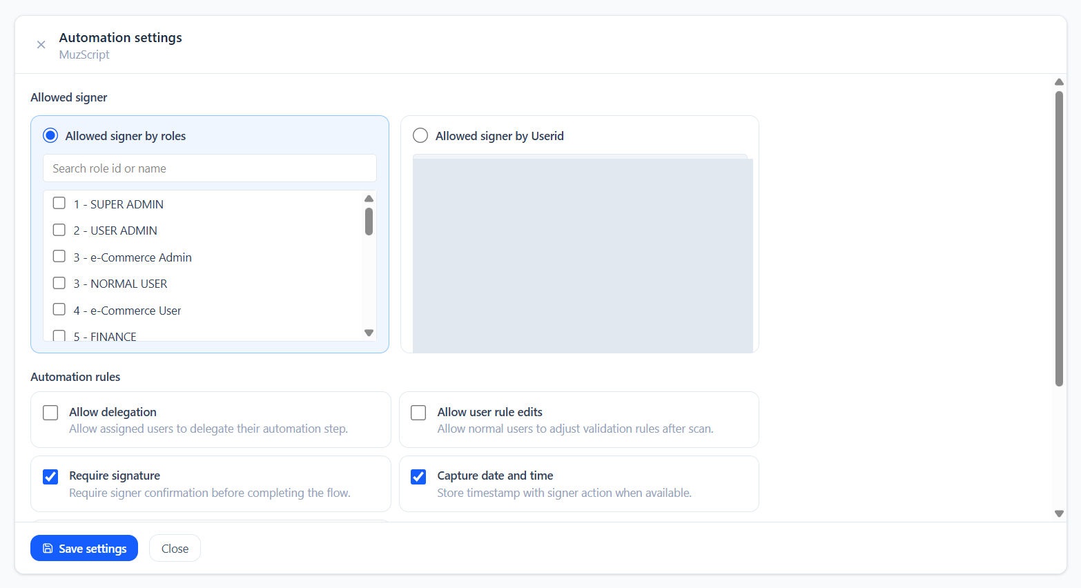 Automation settings control signatures, delegation, and approval responsibilities. screen