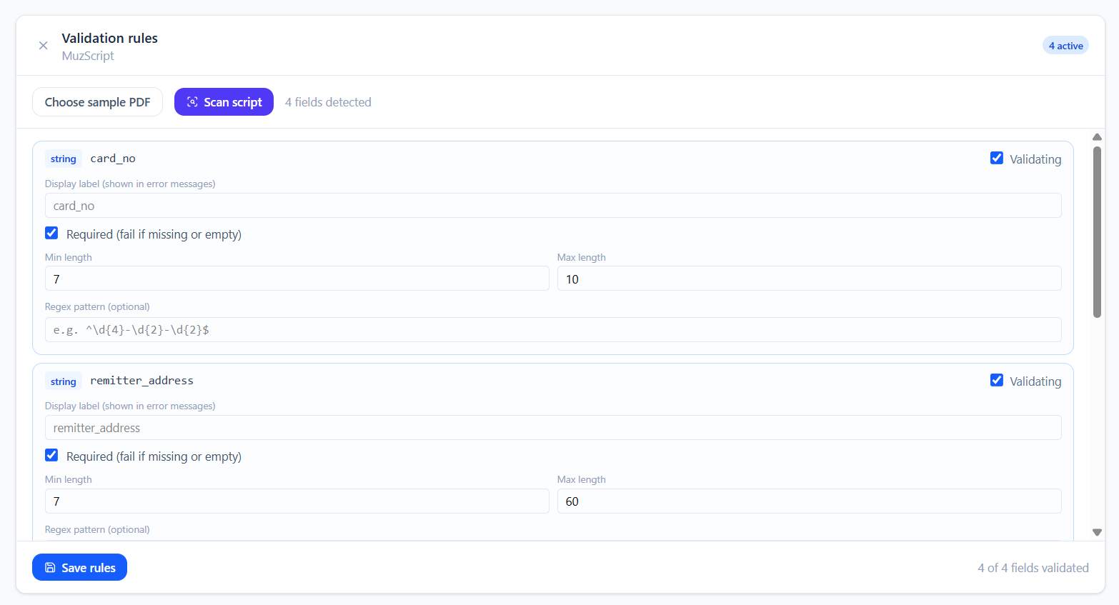 Validation rules turn parser output into controlled business data. screen